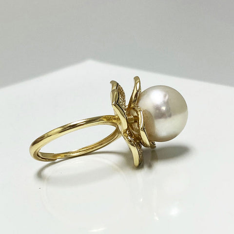 Amaryllis South Sea Gold Pearl Ring | Rings | adjustable ring, cultured pearls, Fine Jewelry, flower shaped ring, gold pearl ring, gold plated pearl ring, gold ring, new arrivals, pearl ring, rings, S925 gold plated ring, south sea pearl, South Sea Pearl Pavé Ring, unique pearl, white pearls, zircon ring | Dikuza