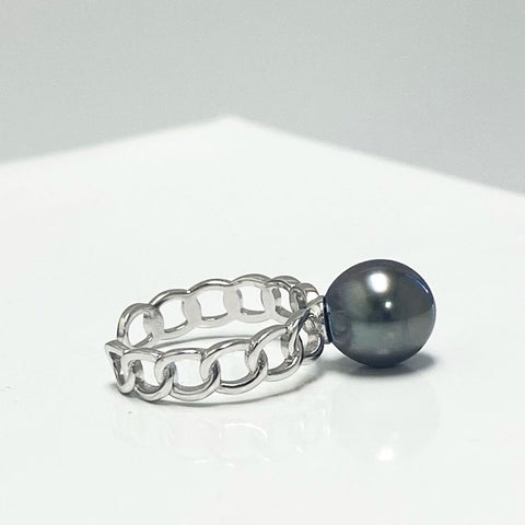 Anastasia Tahitian Pearl Ring | Rings | 925 sterling silver, adjustable ring, Black pearl, black pearls, chain link ring, cultured pearl, Fine Jewelry, intricate design ring, Jewelry, new arrivals, pearl ring, rings, S925, tahitian pearl ring, Tahitian Pearl Single Ring | Dikuza