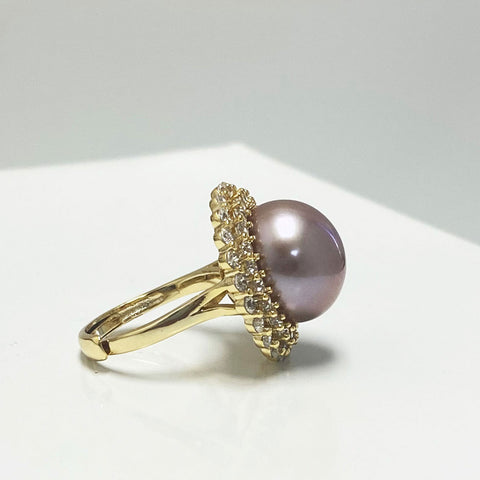 Adele Fresh Water Pearl Ring with Circlet of Stones | Rings | 14k gold plated pearl ring, adjustable ring, cultured pearls, Fine Jewelry, fresh water pearl ring, Fresh Water Pearl Ring w/Crown of Stones, new arrivals, pearl and zircon ring, pink pearls, purple pearls, rings, s925 ring, sterling silver ring, unique pearl | Dikuza