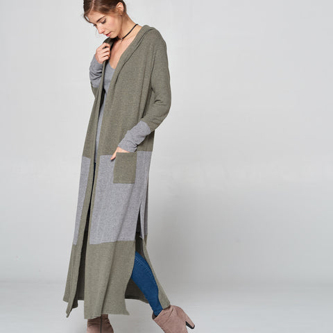 Olive & Gray Long Cardigan | Cardigan | Bouncle Knit Sweater Cardigan, cardigan, Cardigans, casual cardigan, charcoal, colorblock, cozy, cozy accessories, cozy fall, cozy winter, fall, fall accessories, fall2019, gray, green, grey, hooded, hoodie, knit cardigan, knitted cardigan, new arrival, olive, open front cardigan, side slits, textured knit cardigan, transition, winter | Love, Kuza