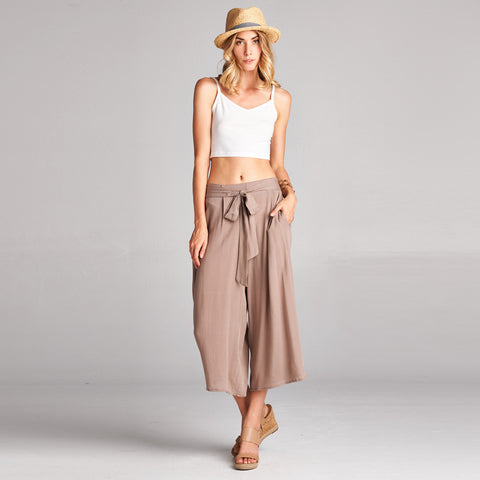 Gauze Culottes With Pockets | Bottoms | belt, black, bow, classic, culottes, fall, Made in USA, mocha, modern, olive, pants, spring, summer, Summer2019, taupe, tie, transition, trendy, wide leg | Love, Kuza