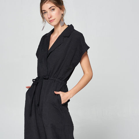 Kimono Cap Sleeve Jumpsuit | Dress | black, cap sleeve, collar neckline, dress pants, dropped shoulder, jumpsuit, kimono sleeve, notched collar, pockets, V-neck, wide leg | Love, Kuza