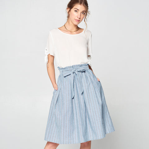 Denim Striped Cotton Skirt | Skirts | blue, bottoms, bow, circle skirt, cotton, dark denim, denim, light denim, skirt, spring2019, striped, trendy | Love, Kuza