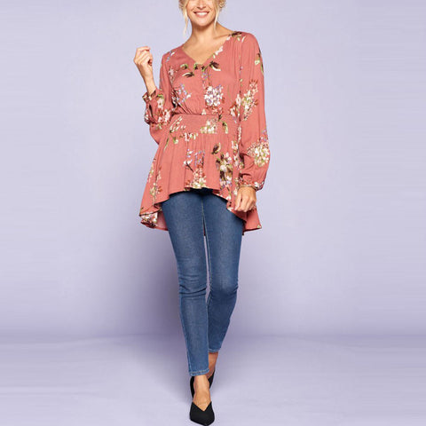Floral Smocked Flowy Blouse | Fashion Top | button front top, floral blouse, hi lo hem top, long sleeve, long sleeve blouse, long sleeve top, love kuza, new arrival, new arrivals, peplum top, print top, smocked waist, vneck top | Love, Kuza