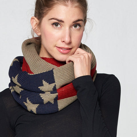 Chunky Knit Patriotic Infinity Scarf | Accessories | american flag, chunky knit, comfy, cozy, infinity scarf, patriotic, scarves, stars and stripes, taupe, very warm, warm, winter, winter2019 | Love, Kuza