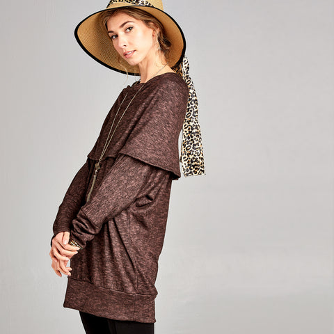 Oversized Cowl Neck Marled Sweater | Fashion Top | above the knee, brown, burgundy, cozy winter, dark grey gloves, everyday dress, fall2019, foldover, grey, Made in USA, mauve, mocha, off shoulder top, Oversized Cowl Neck Tunic Dress, sweater, tunic dress, winter | Love, Kuza