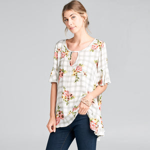 Floral Plaid Swing Top | Fashion Top | black, blouse, casual, everyday, floral, Floral Plaid Swing Top, Ivory, Made in USA, peach, plaid, print top, short sleeve top, spring2019, swing, White, womans tops | Love, Kuza