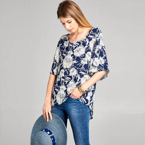 Butterfly Sleeve Floral Top | Fashion Top | Abstract Floral Wrap Dress, bell sleeve, blouse, butterfly, Butterfly Sleeve Floral Top, casual, floral, flower, grey, Made in USA, navy, oversize, pink, print top, pullover, short sleeve top, sleeve, spring2019, top | Love, Kuza