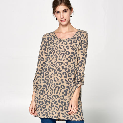 Three-Quarter Sleeve Leopard Tunic | Fashion Top | animal print, black, brown, casual, casual and everyday, charcoal, classic, everyday, fall, fall2019, grey, leopard, long sleeve top, Made in USA, new arrival, Oversize Tunic, print top, rust, swing, taupe, Three-Quarter Sleeve Leopard Tunic, tunic, winter, womans tops | Love, Kuza