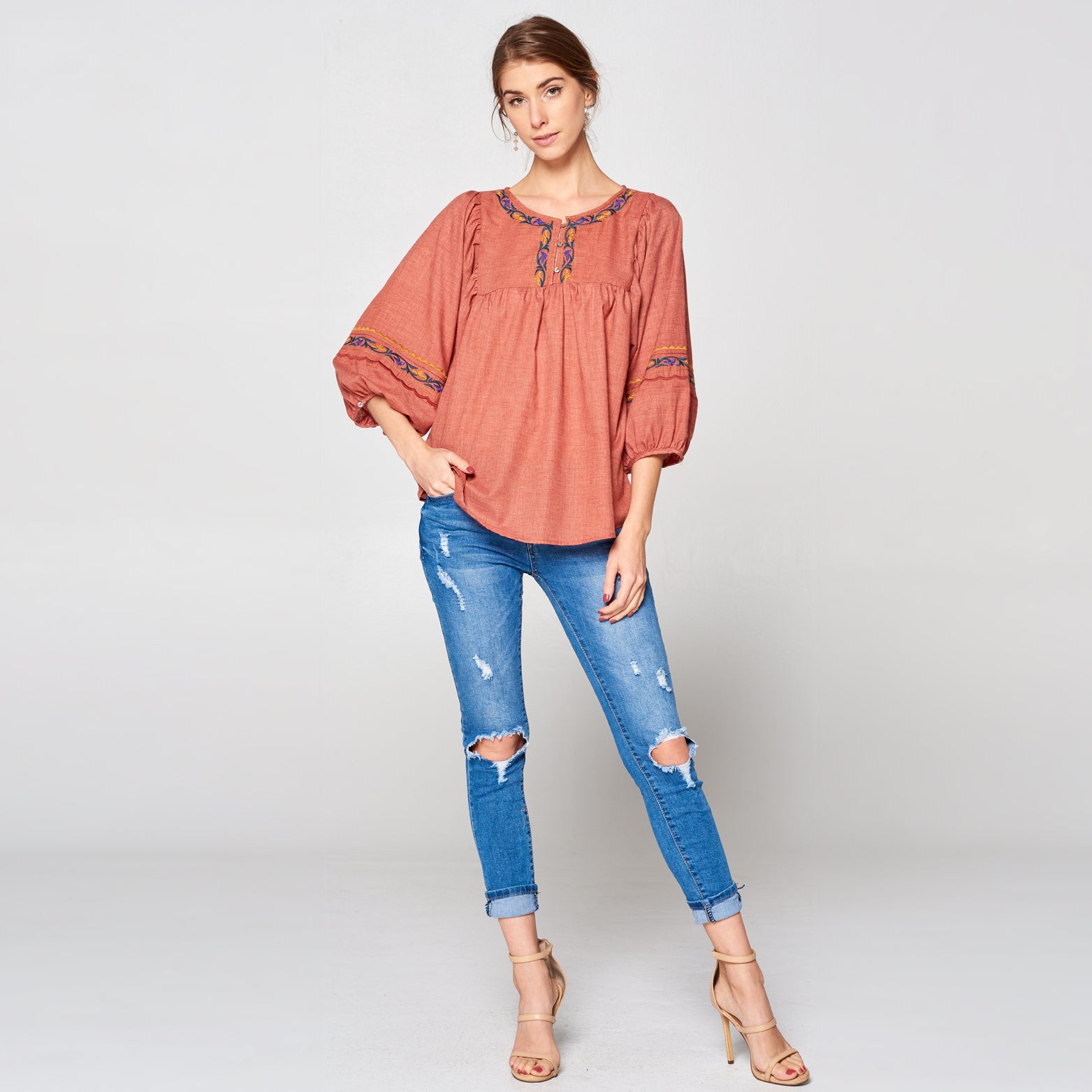 Embroidered Puff Sleeve Top | Fashion Top | blouse, blouses, blue, boho style, coral, denim, embroidered, embroidered puff sleeve top, everyday, long sleeve top, Oversize Tunic, print top, rust, spring tops, spring2019, summer top | Love, Kuza