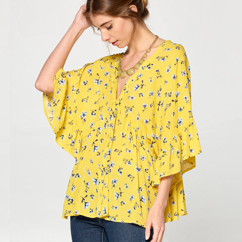Calico Floral Woven Top | Shirts & Blouse | blouse, bright, calico floral woven top, casual, cotton, dusty sage, floral, flower, frill top, gathered, green, mustard, olive, peplum top, print top, ruffle top, sage, short sleeve top, spring, summer, Summer2019, tops, v-neck, vneck, yellow | Love, Kuza