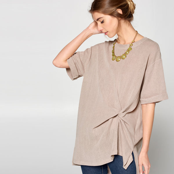 Gathered Side Knit Top | Fashion Top | black, boxy fit, casual, gathered side knit top, mocha, oversized fit, short sleeve top, solid top, taupe, tee, top, tops | Love, Kuza