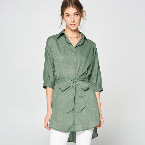 Collar Longline Linen Top | Fashion Top | casual and everyday top, classic, dusty sage, everyday, green, mustard, olive, shirt, short sleeve top, solid top, spring2019, womans tops | Love, Kuza