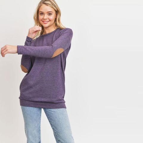 Elbow Patch French Terry Pocket Sweatshirt | Fashion Top | cozy sweater, designinusa, drawstring sweater, drop shoulder sleeve top, easy pull over turtle neck sweater, fall, Fall2022, long sleeve top, Made in USA, new arrivals, relaxed fit top, shirts, soft knit sweater top, soft knit top, solid top, sweater, tops, turtleneck | Love, Kuza