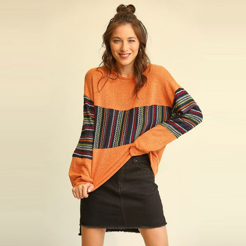 Striped-Block Pullover Sweater | Fashion Top | color block sweater, contrast design sweater, cozy sweater, crew neck sweater, designinusa, drop shoulder sleeve top, fall, Fall2022, Heavenly Soft Sweater Top, long sleeve top, multi color, new arrivals, print top, relaxed fit top, shirts, soft knit sweater top, soft knit top, sweater, sweaters, tops | Love, Kuza