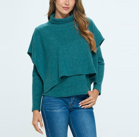 Two in One Poncho Top | Fashion Top | cozy sweater, designinusa, drop shoulder sleeve top, easy pull over turtle neck sweater, layered turtleneck, long sleeve top, mixed media top, new arrivals, relaxed fit top, soft knit sweater top, soft knit top, solid top, sweater, sweaters, tops, turtleneck, two in one top | Love, Kuza