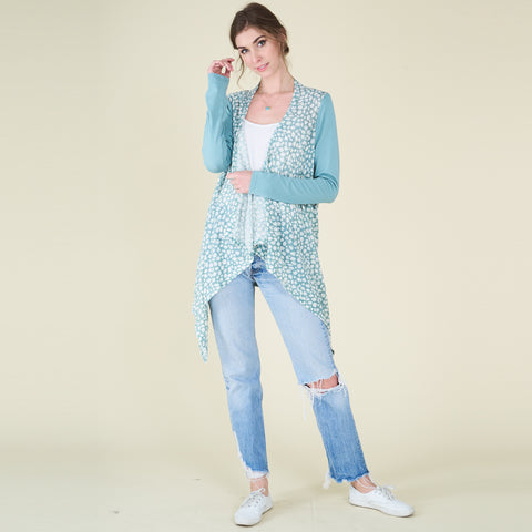 Mono Giraffe Print Knit Cardigan | Outerwear | asymmetrical, cardigan, casual, casual and everyday, casual cardigan, casual longsleeve, casual wear, everyday, fall, navy, spring, summer, teal, transition, turquoise | Love, Kuza