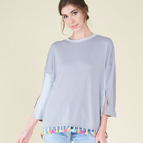 Pom Pom Trim Cape Sleeve Top | Fashion Top | casual, casual and everyday, casual top, everyday, fun top, grey top, lightweight top, loose fit top, love kuza, Oversize Tunic, pink top, pom pom top, print top, short sleeve top, soft top, spring2019 | Love, Kuza