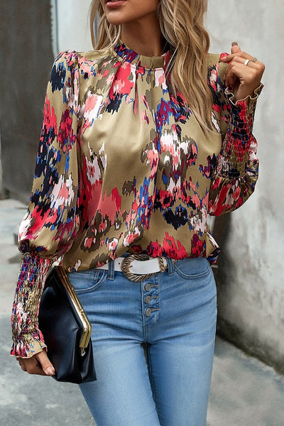 Artsy Floral Pleated Neck Blouse
