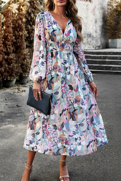 Floral Elastic Waist A-Line Midi Dress