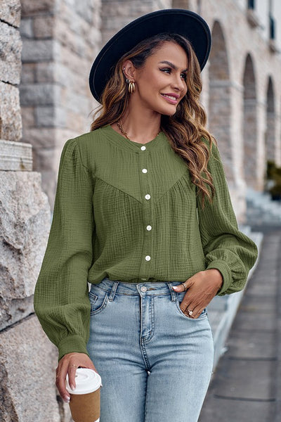 Round Neck Button Front Blouse