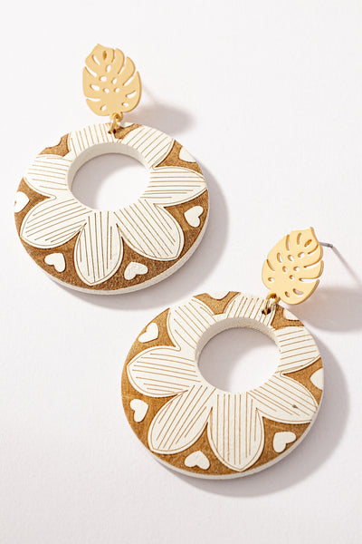 Floral Carved Wood Drop Earrings