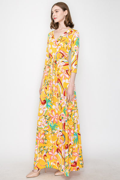 Mustard Hibiscus Bliss Venechia Maxi Wrap Dress