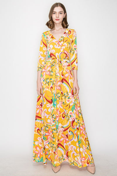 Mustard Hibiscus Bliss Venechia Maxi Wrap Dress