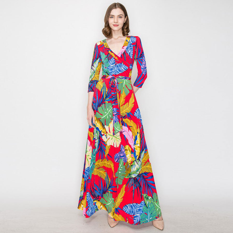Love Kuza Red Lush Leafy Venechia Wrap Dress Red / Large (10-12)