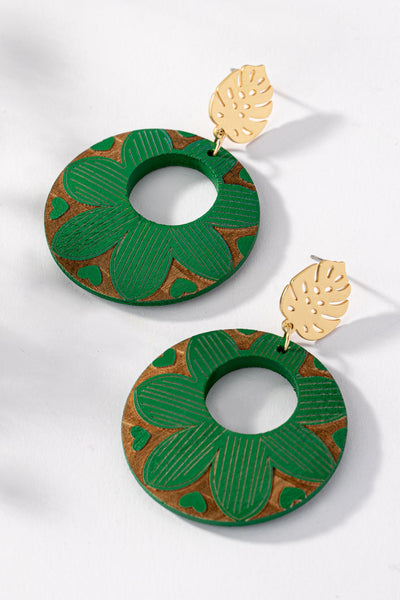 Floral Carved Wood Drop Earrings