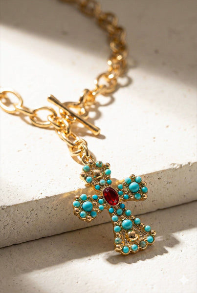 Turquoise Ember Cross Drop Necklace