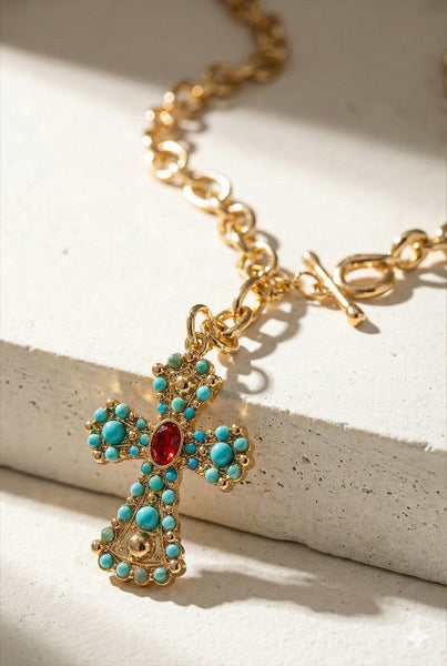 Turquoise Ember Cross Drop Necklace