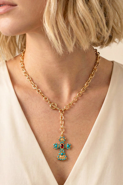 Turquoise Ember Cross Drop Necklace