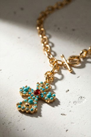 Turquoise Ember Cross Drop Necklace