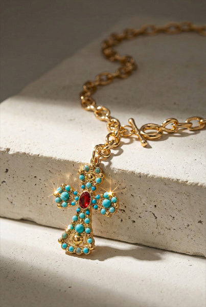 Turquoise Ember Cross Drop Necklace