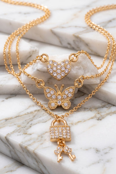 Goldtone Butterfly Pendant Trio Layering Necklace Set