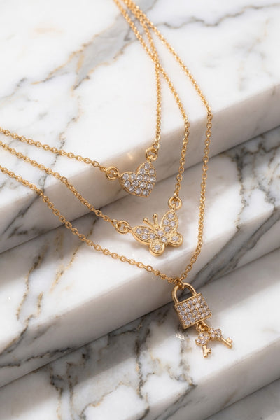 Goldtone Butterfly Pendant Trio Layering Necklace Set