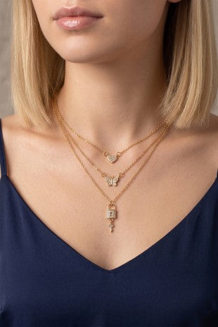Goldtone Butterfly Pendant Trio Layering Necklace Set