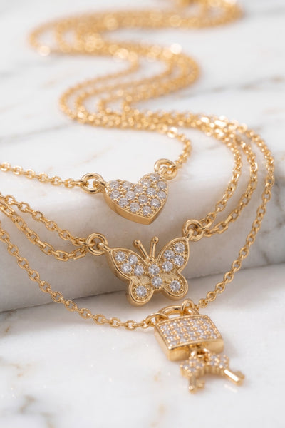 Goldtone Butterfly Pendant Trio Layering Necklace Set