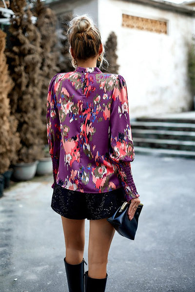 Artsy Floral Pleated Neck Blouse