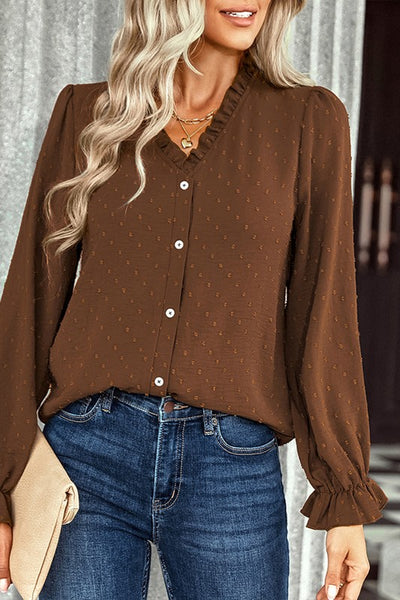 Dotted V-Neck Ruffled Sleeves Blouse