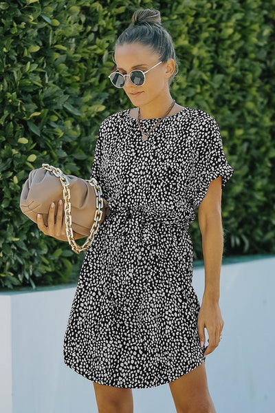 Leopard Dotted Waist Tie T-shirt Dress