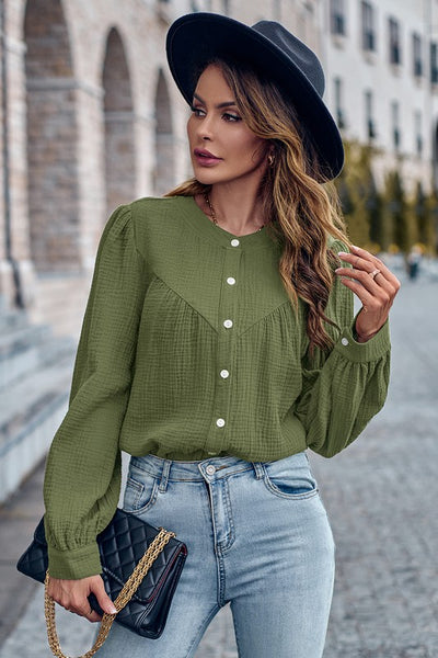 Round Neck Button Front Blouse