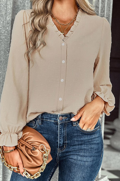 Dotted V-Neck Ruffled Sleeves Blouse