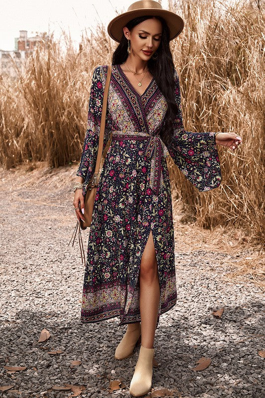 Love Kuza Border Boho Wrap Midi Dress Black / XLarge (12-14) Love Kuza Border Boho Wrap Midi Dress Black / XLarge (12-14)