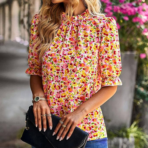 Ditsy Floral Ruffled Neck Blouse | Shirts & Blouse | elings, layering piece, layering top, loose fit, loose fit top, love kuza, lovely top, mock neck, new arrival, new arrivals, pretty top, short sleeve, short sleeve top, short sleeves, soft knit top, solid top, versatile top | Love, Kuza