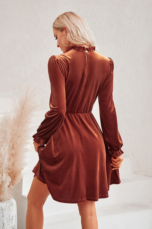 Turtleneck velvet solid color waist dress - wine red, l Turtleneck velvet solid color waist dress - wine red, l