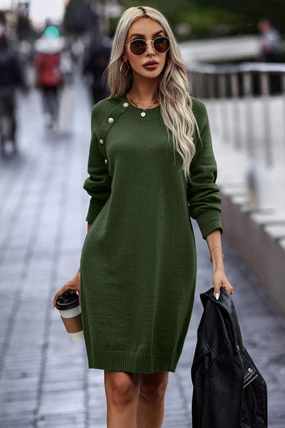 Button Raglan Sweater Dress