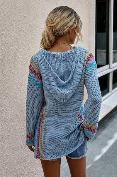 Boho Blue Loose Knit Hoodie Sweater