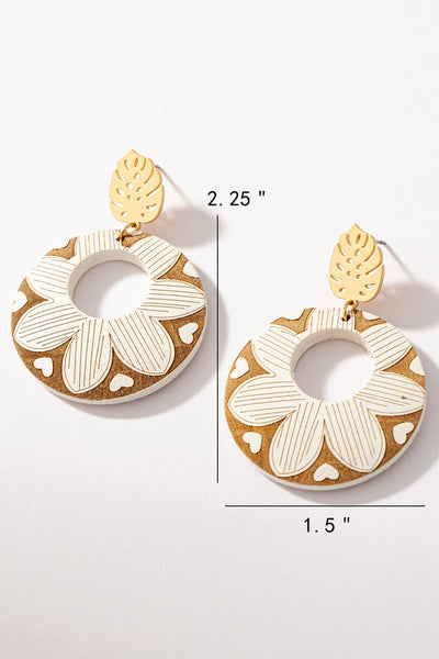 Floral Carved Wood Drop Earrings